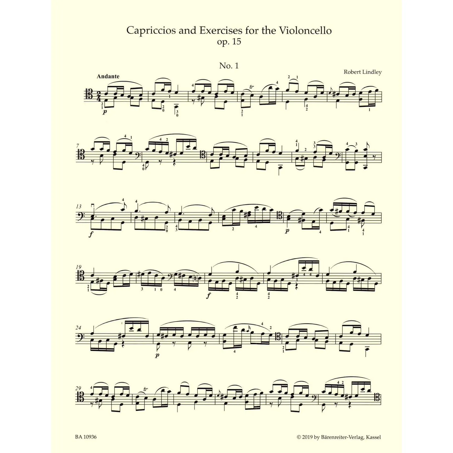 Bärenreiter Lindley Capriccios Op 15 Noten Cello solo