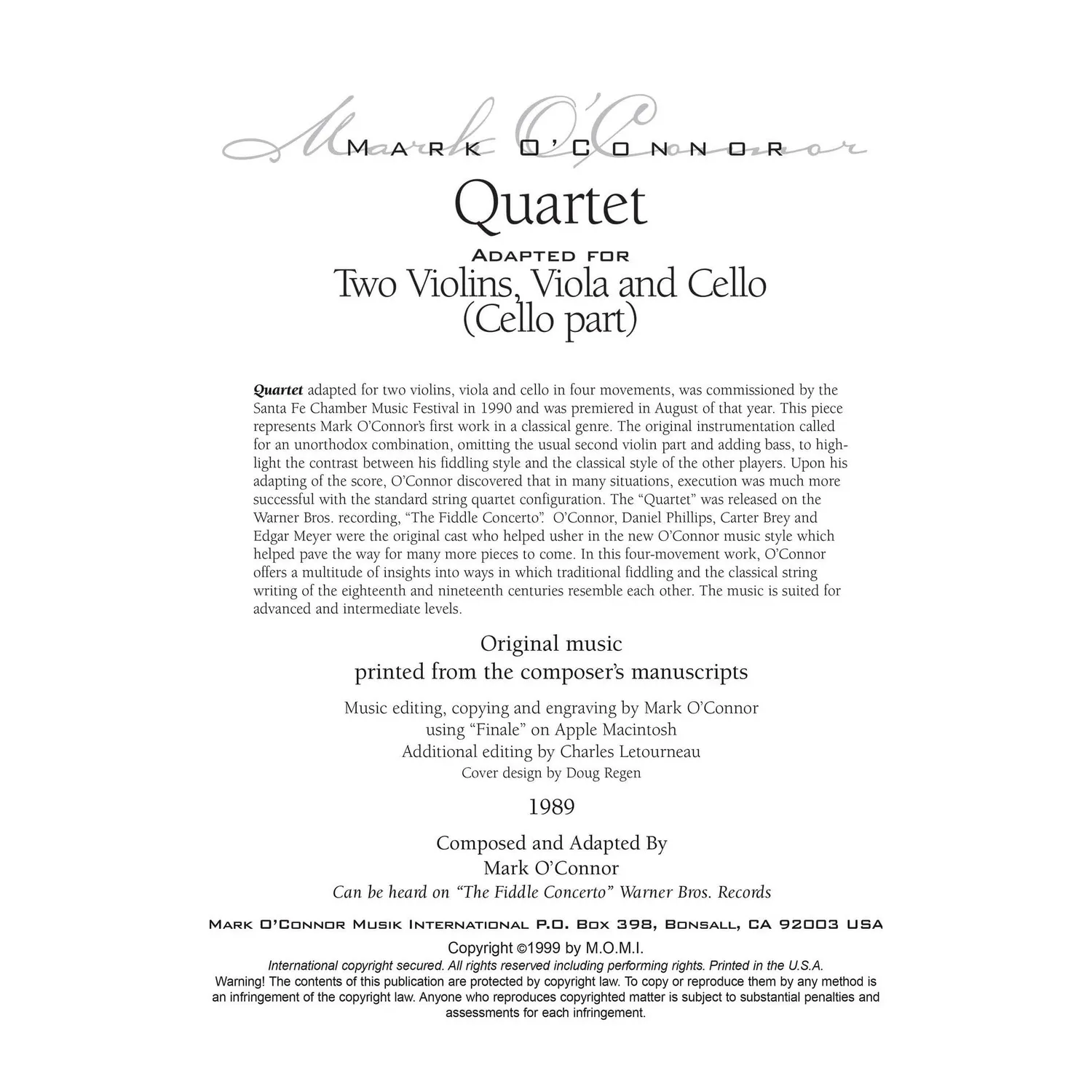 Mark O'Connor Quartet Cello-Noten Download 4 Sätze