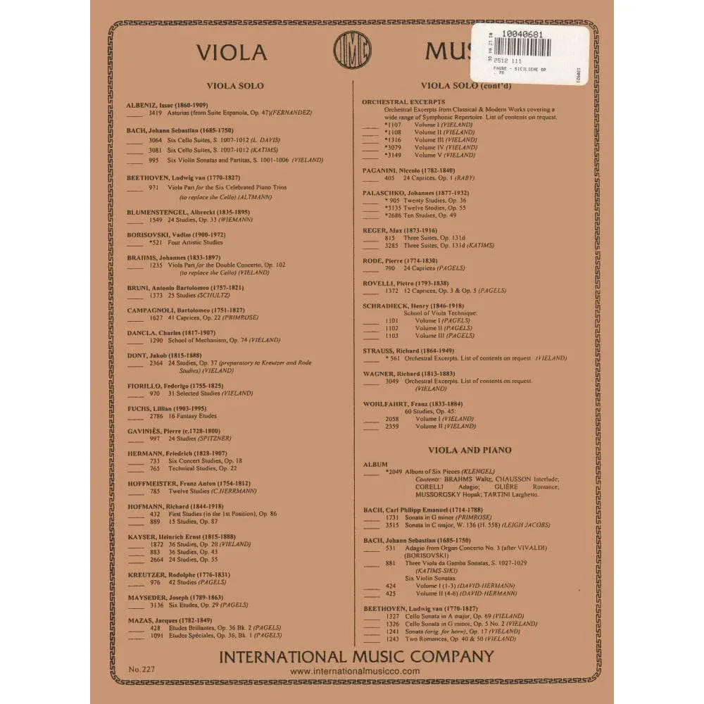 Shar Music Fauré Sicilienne Op 78 Noten Viola mit Klavier Katims