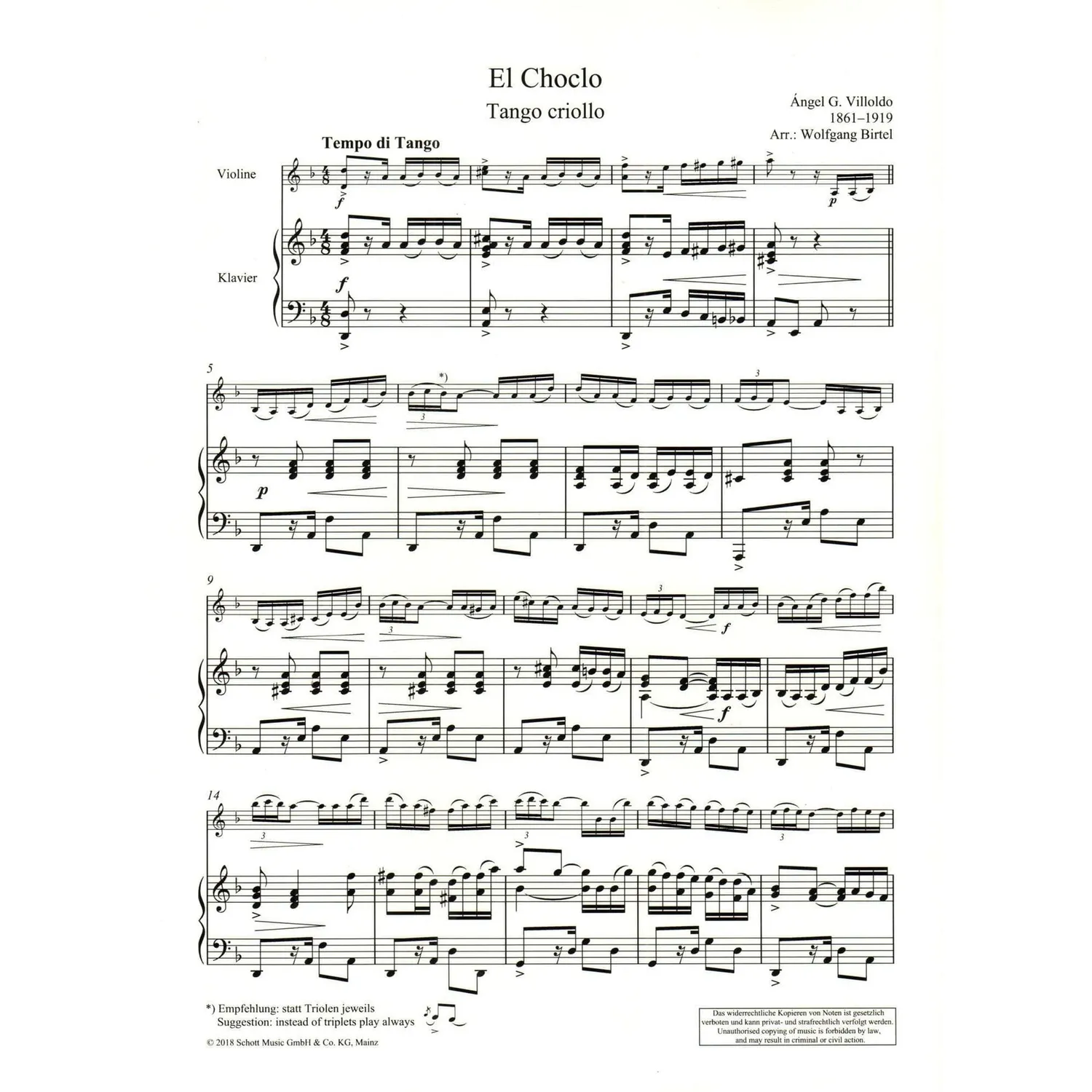 Schott El Choclo Tango Violine Klavier Noten Birtel