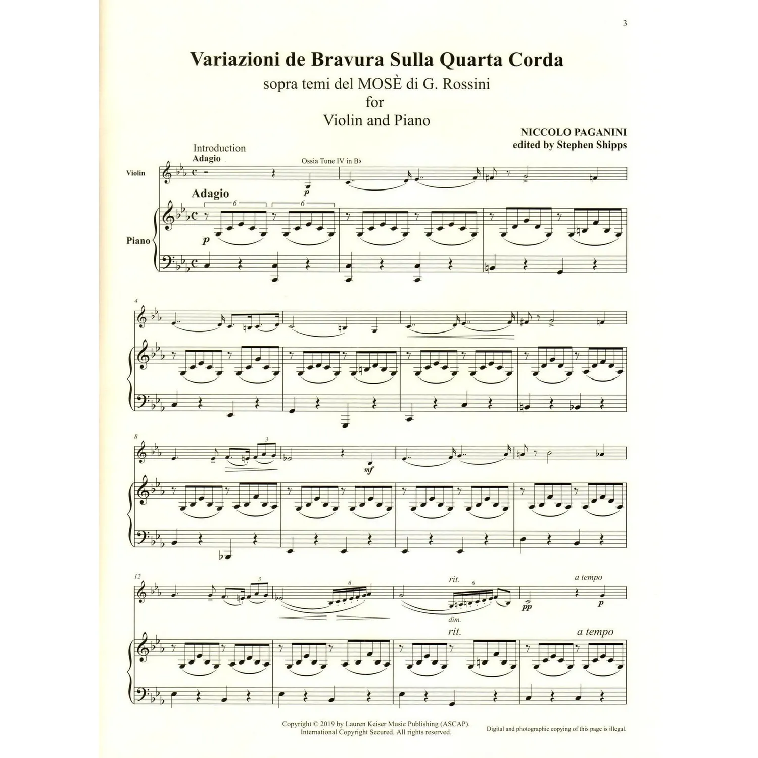 Paganini Moses Fantasy Variations Noten Violine Klavier