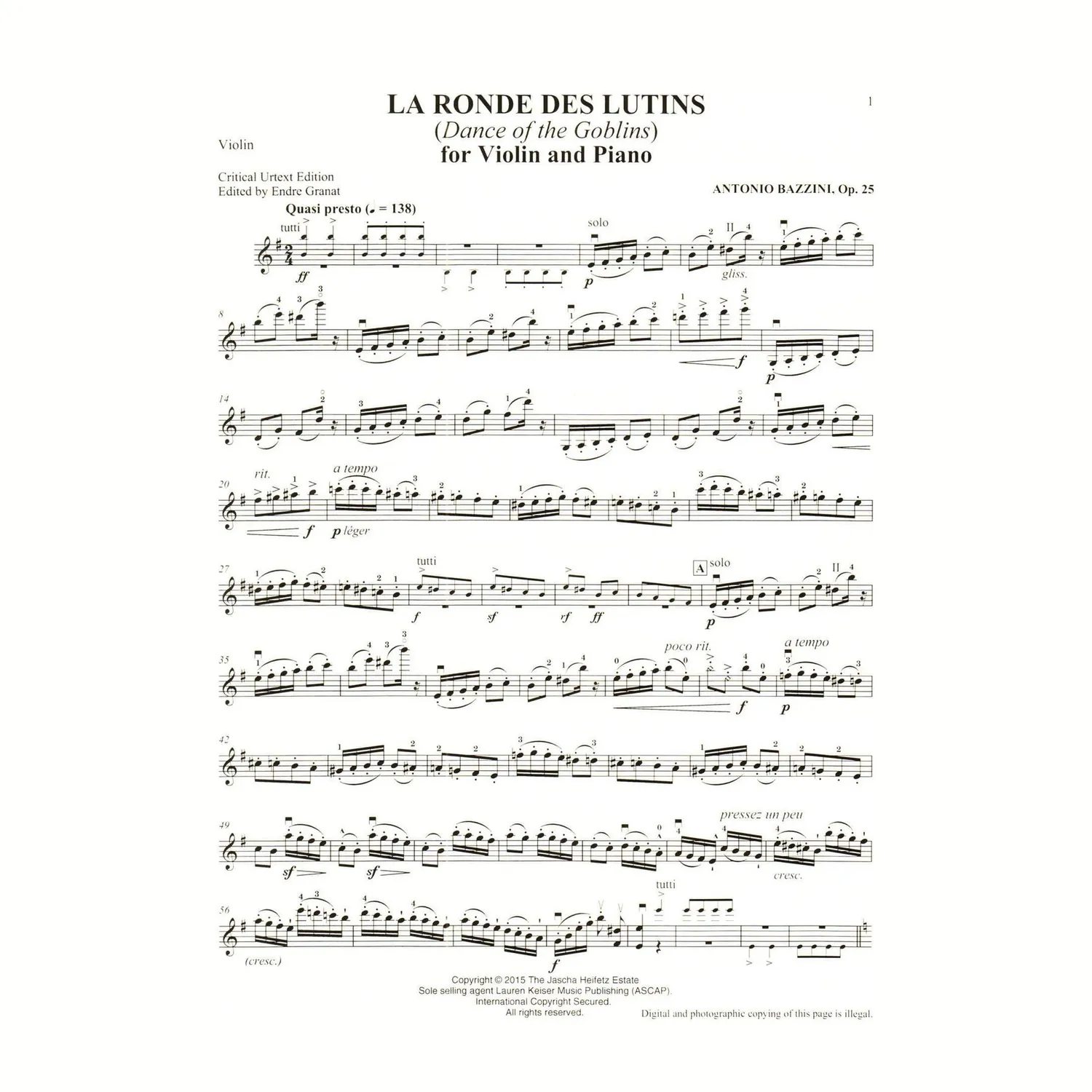 Shar Music Heifetz La Ronde des Lutins Op.25 Noten Violine Klavier