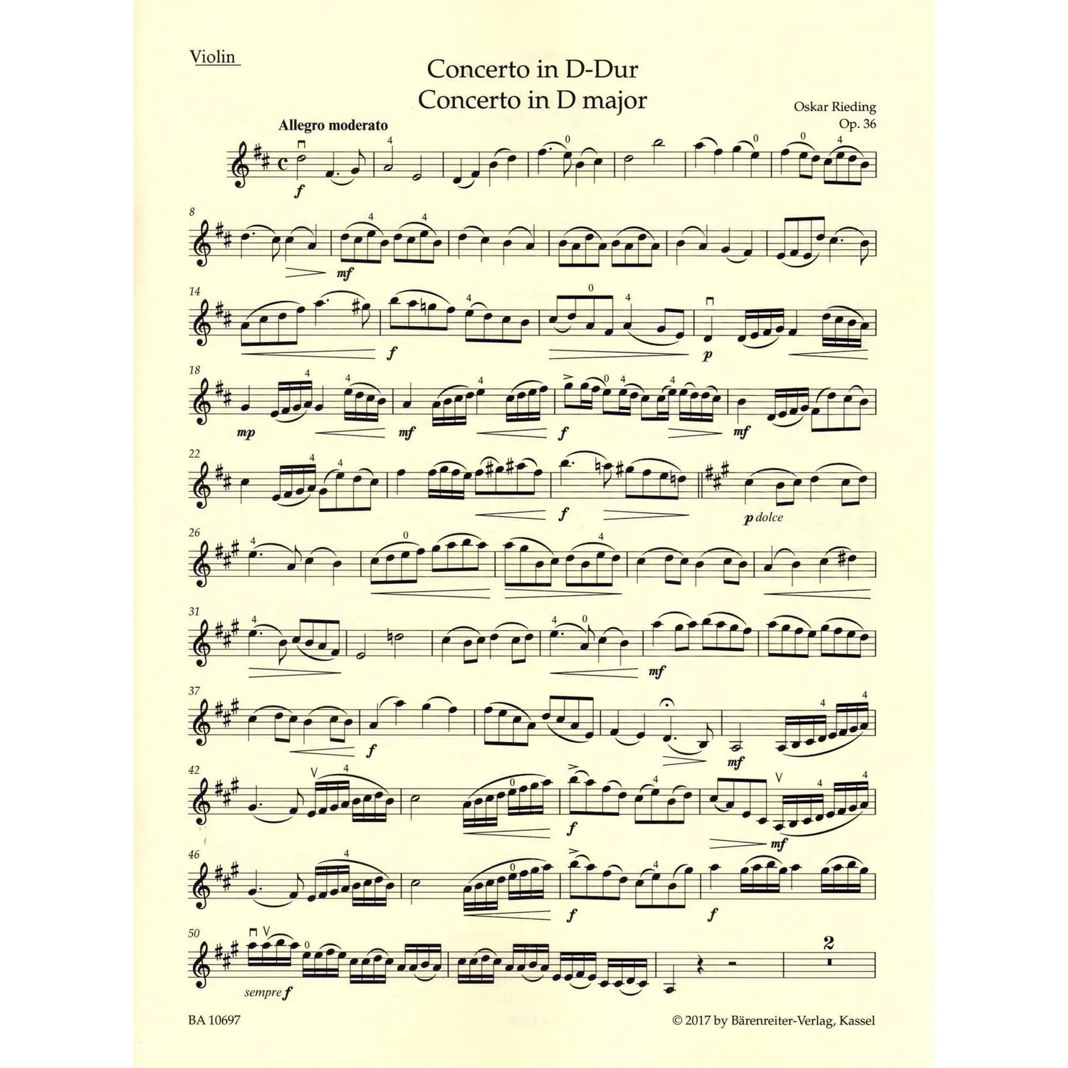 Bärenreiter Rieding op. 36 Violinkonzert Noten D-Dur