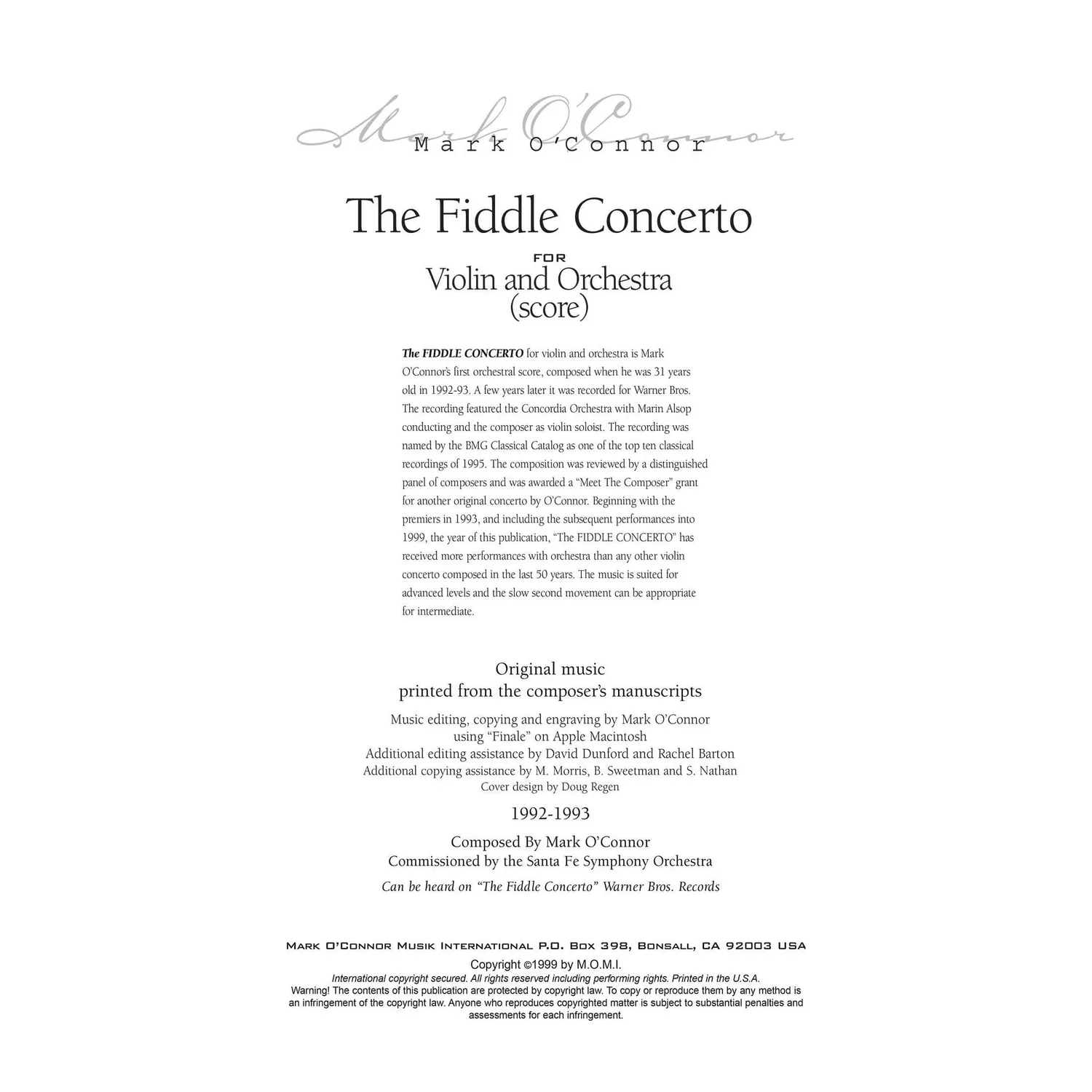 O'Connor Fiddle Concerto Partitur Violine Orchester Download