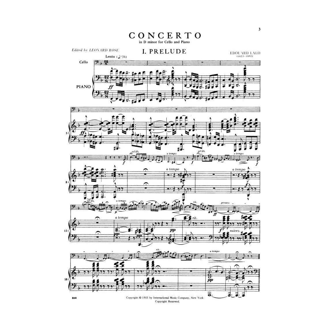 International Lalo d-moll Cellokonzert Noten Cello Klavier