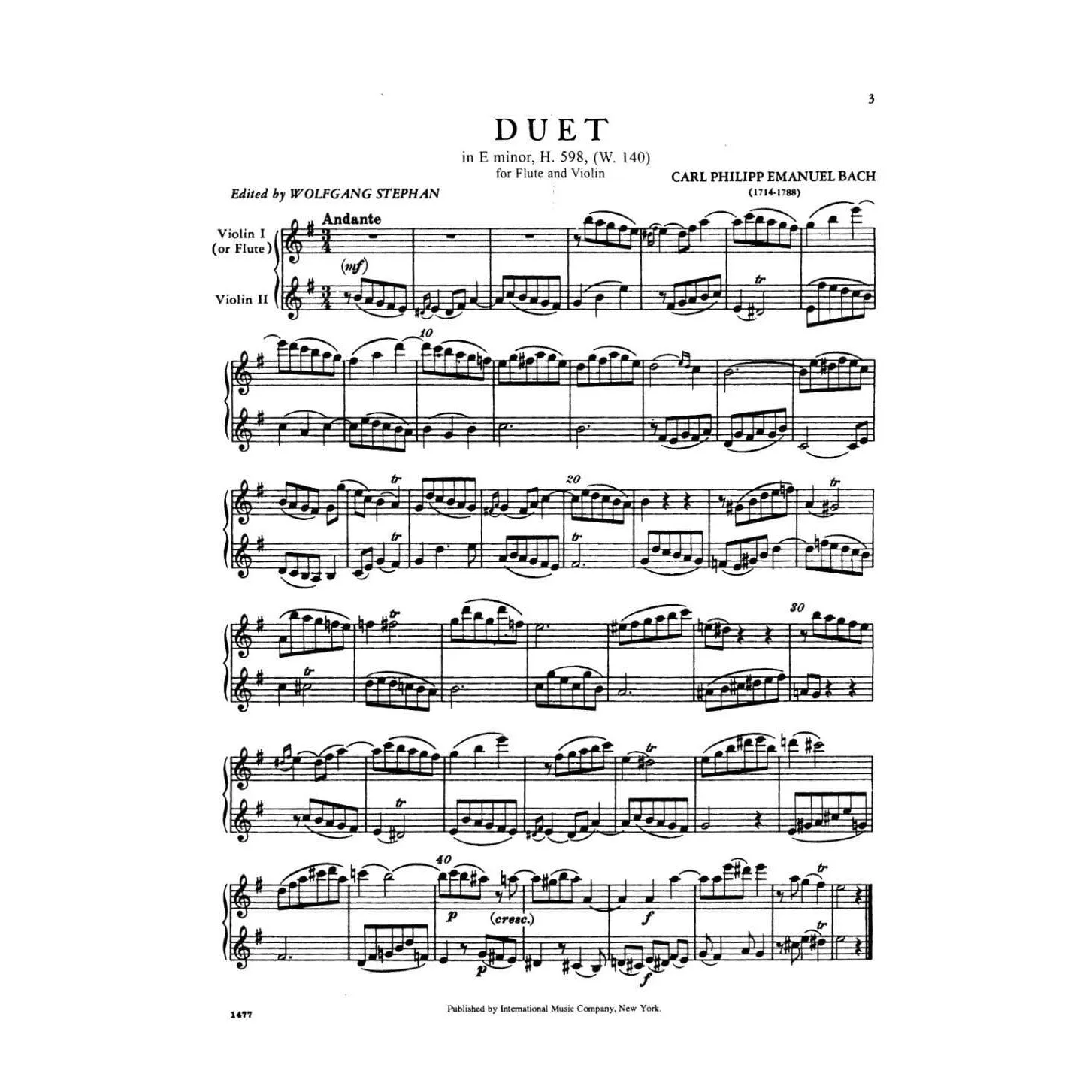 Shar Music Bach Duet e-moll H 598 Noten Flöte Violine