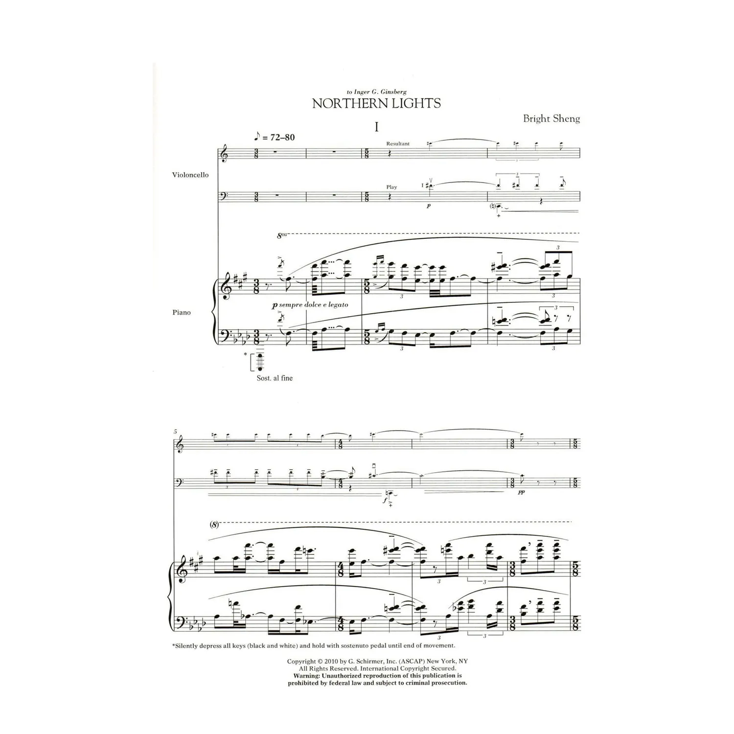 Schirmer Sheng Northern Lights Cellonoten Klavier