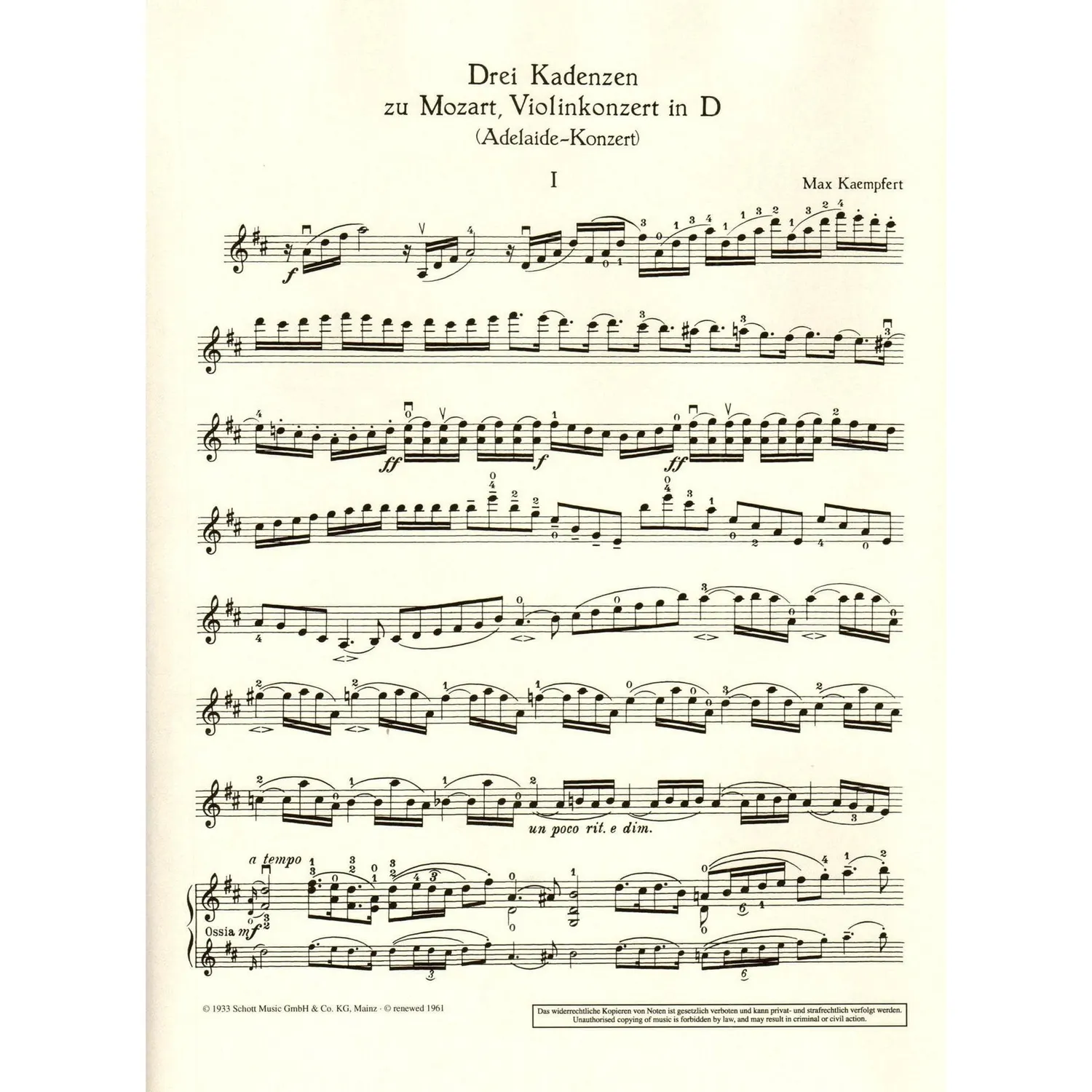 Schott Mozart Konzert D-Dur K 294a Adelaide Noten Violine Klavier