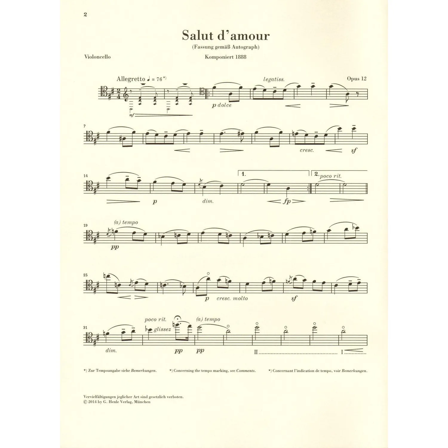 Henle Elgar Salut d'amour Op 12 Noten Cello Klavier