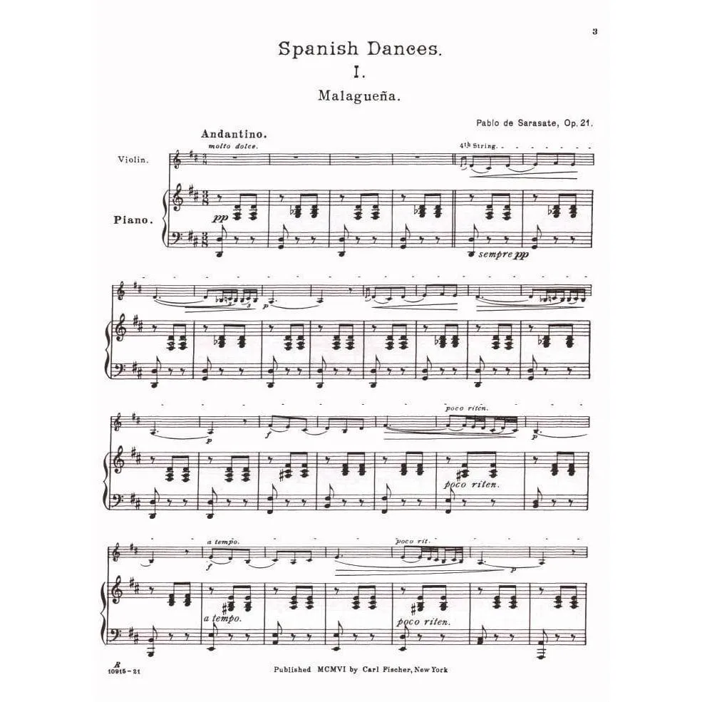 Carl Fischer Sarasate Malaguena Op 21 Violine Noten mit Klavier