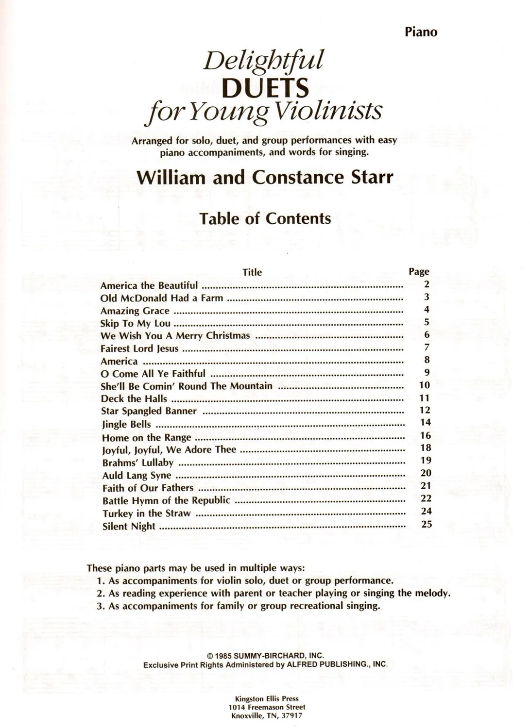 Alfred Delightful Duets Young Violinists Noten Klavierstimme