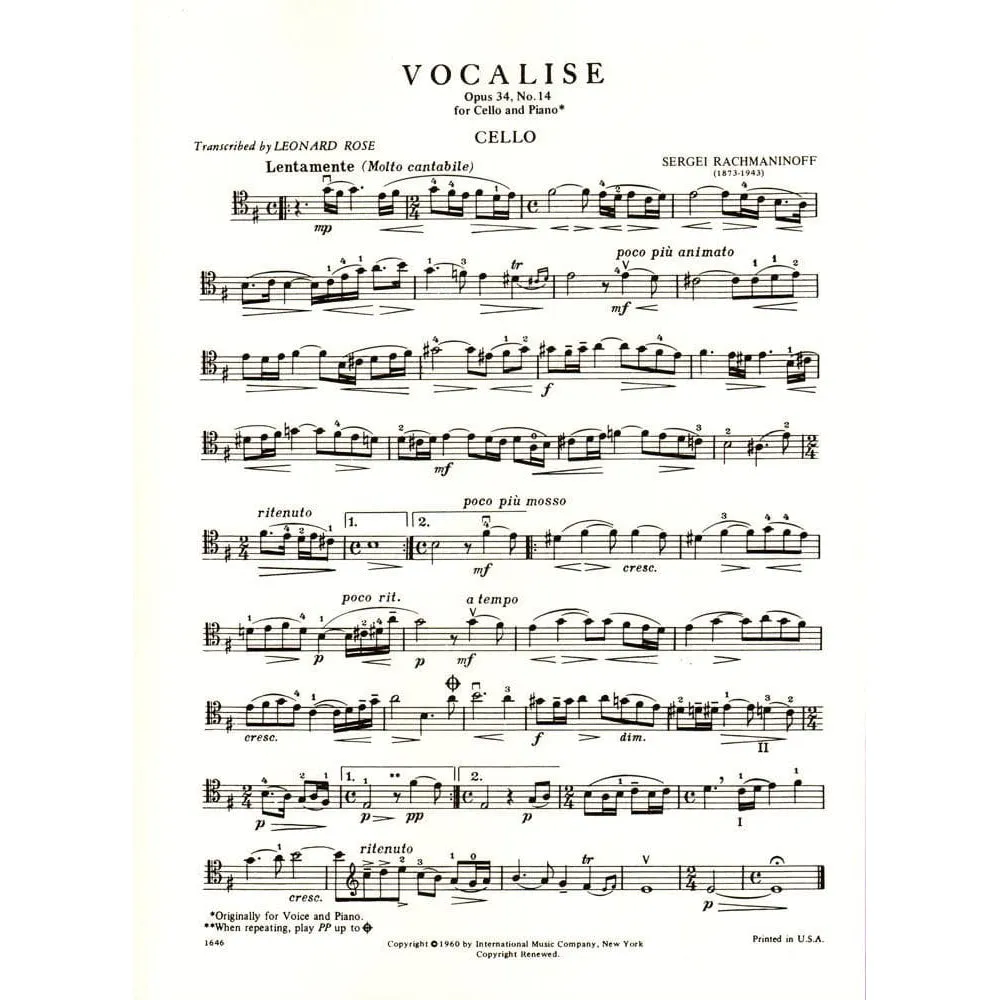 Shar Music Rachmaninoff Vocalise Op. 34/14 Noten Cello