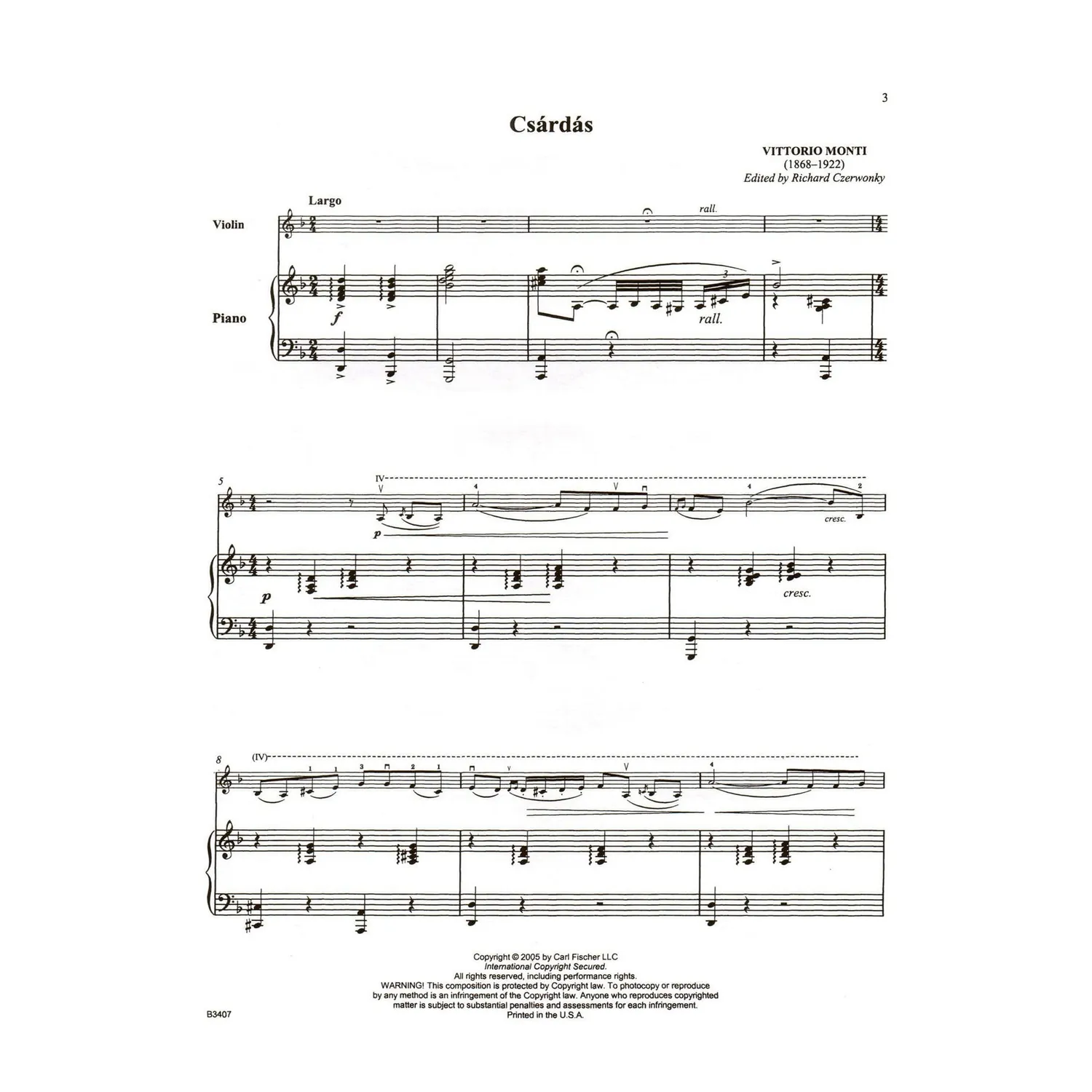 Carl Fischer Monti Csárdás Violinenoten Violine Klavier mit Audio