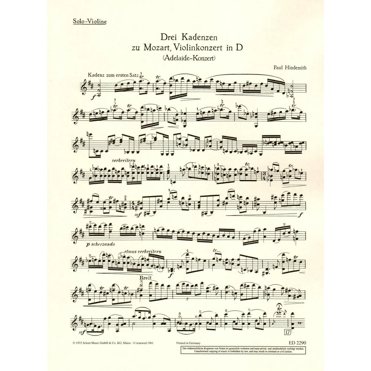 Schott Mozart Konzert D-Dur K 294a Adelaide Noten Violine Klavier
