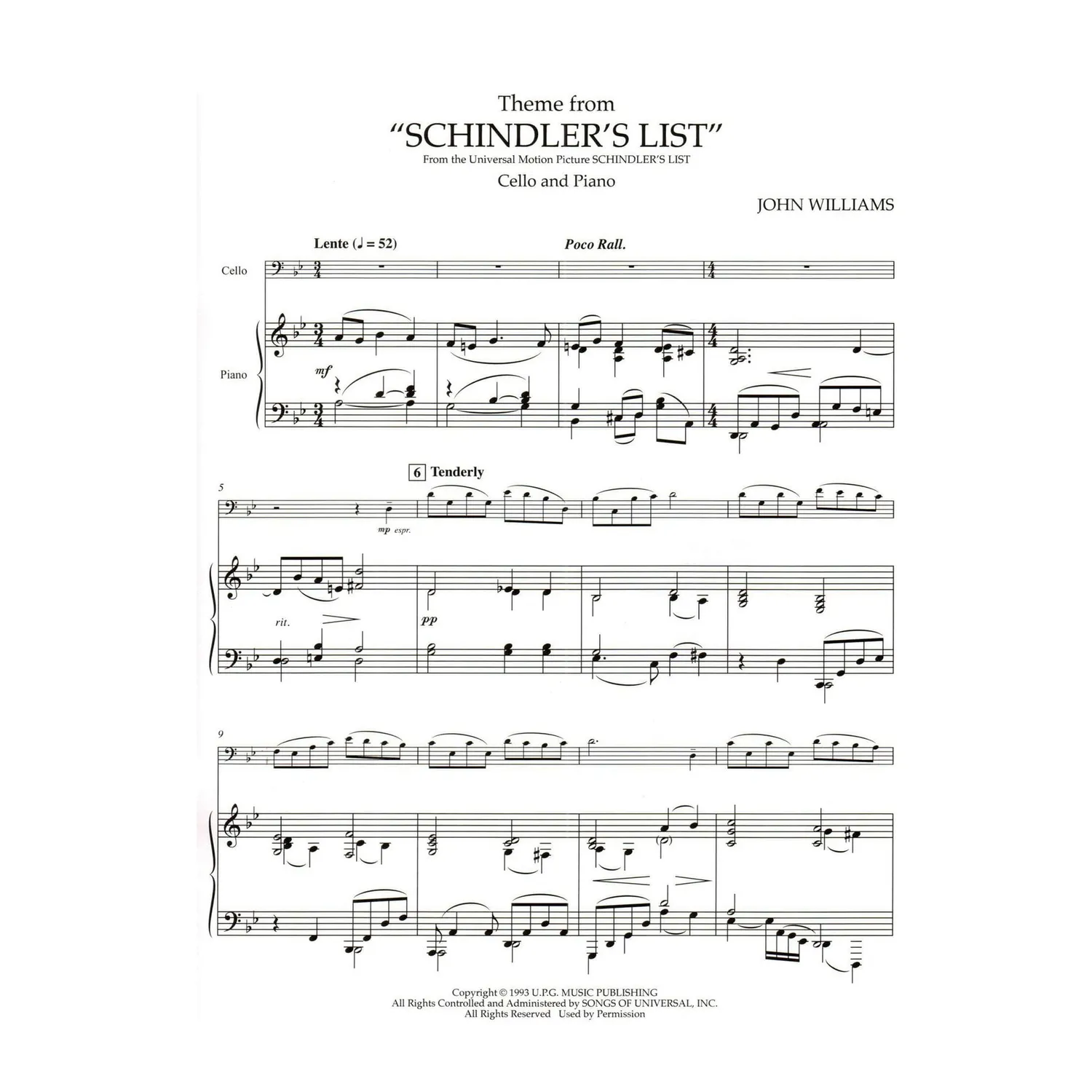 John Williams Schindlers List Cellonoten mit Klavier Hal Leonard