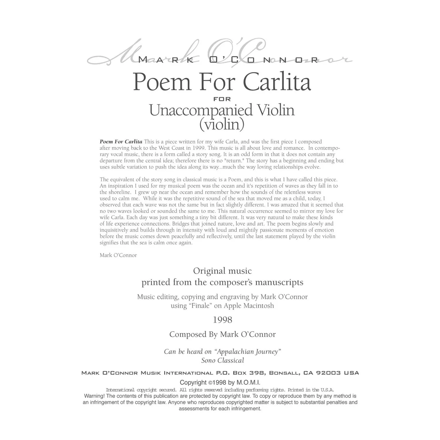 Shar Music OConnor Poem for Carlita Noten Solo-Violine Download