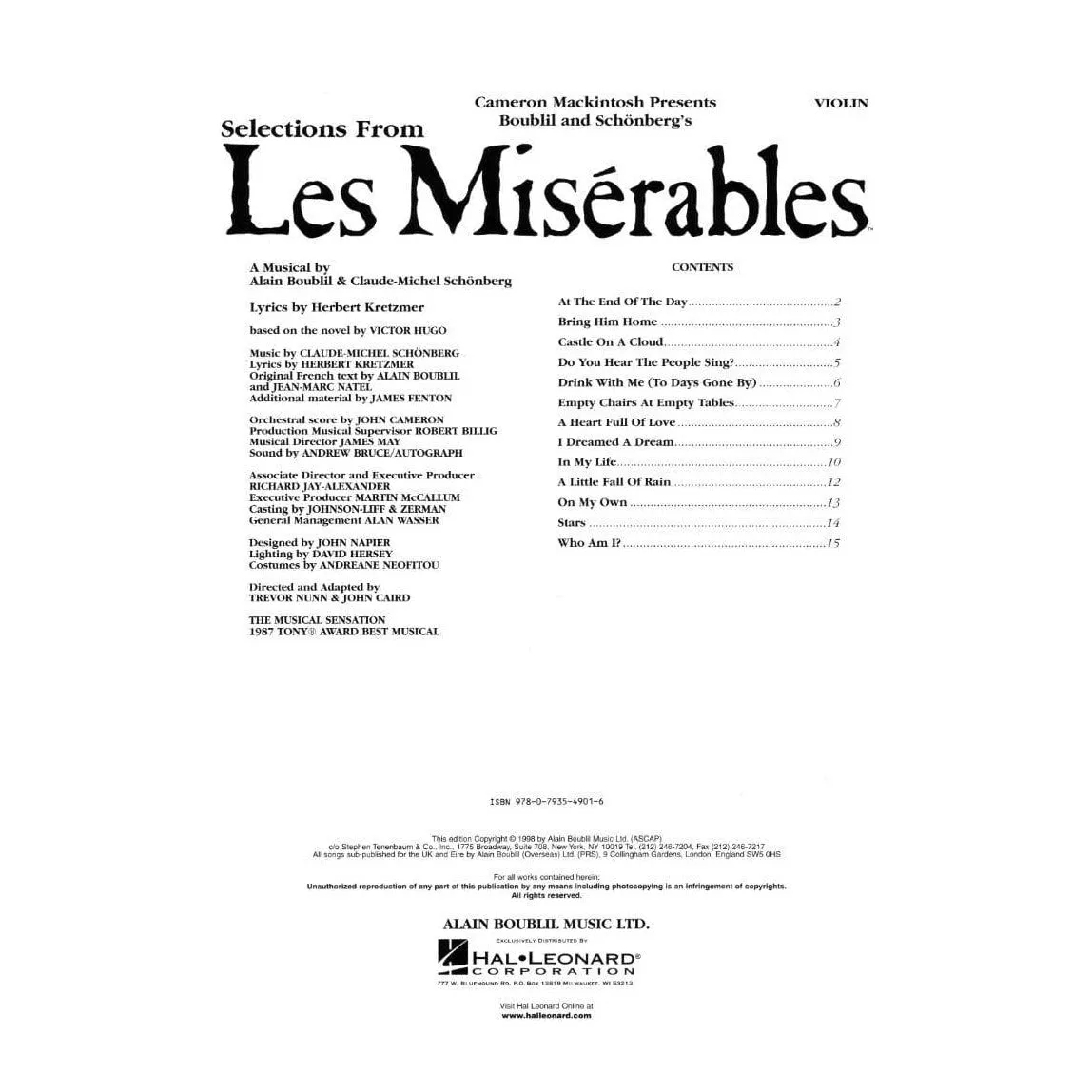 Hal Leonard Les Misérables Violinnoten Violine 13 Songs