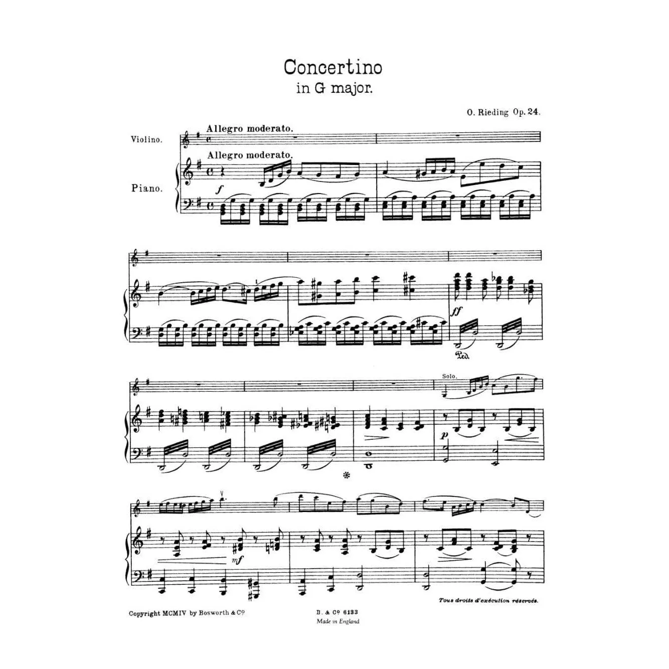Shar Music Rieding Concertino G-Dur Op 24 Noten Violine Klavier