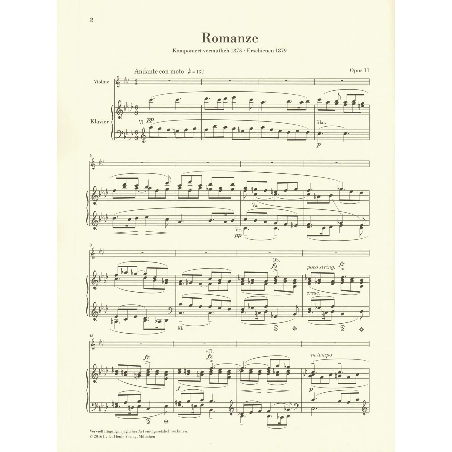 Dvorak Romance Opus 11 f-Moll Violinnoten Henle Urtext
