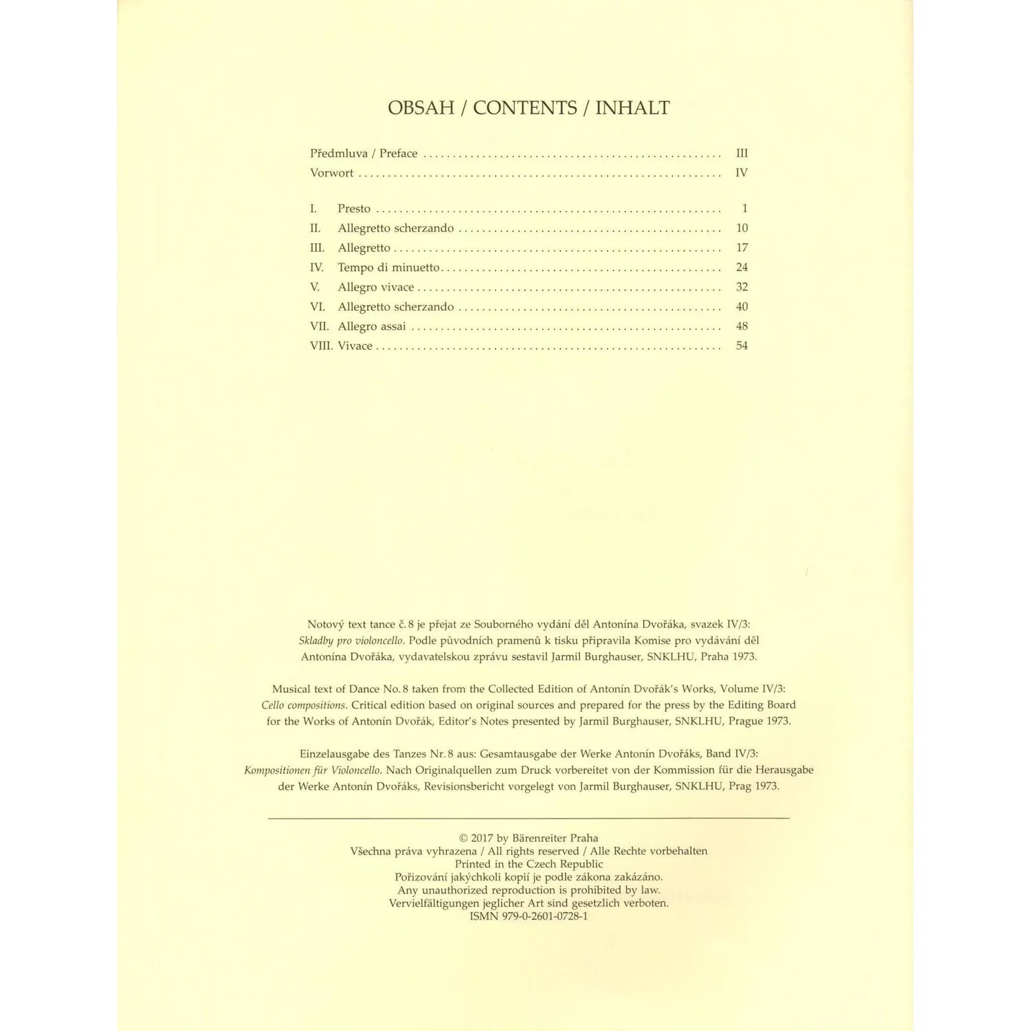 Bärenreiter Dvořák Slawische Tänze Op.46 Cello Klavier