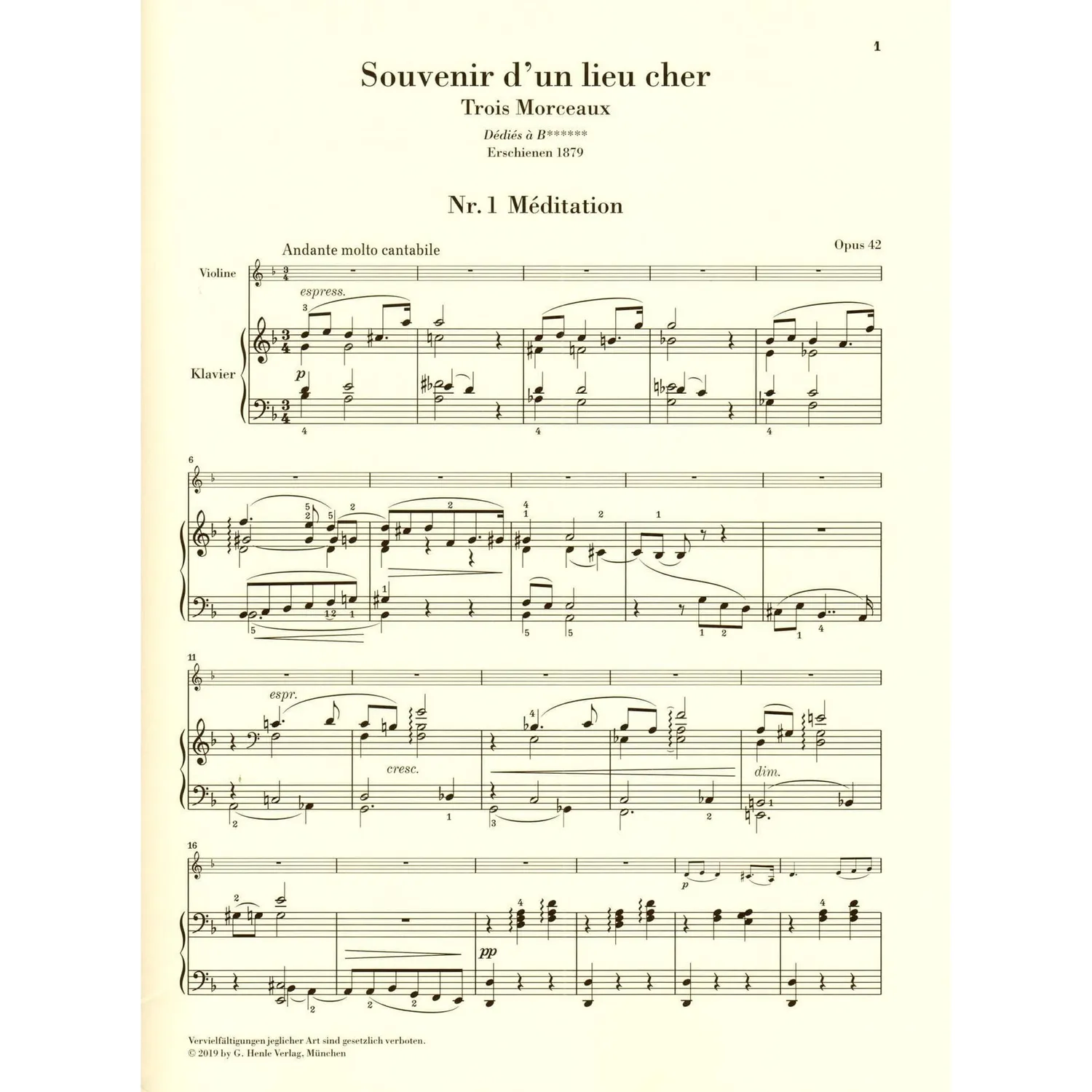 Henle Tschaikowsky Souvenir Op.42 Violine Klavier Urtext