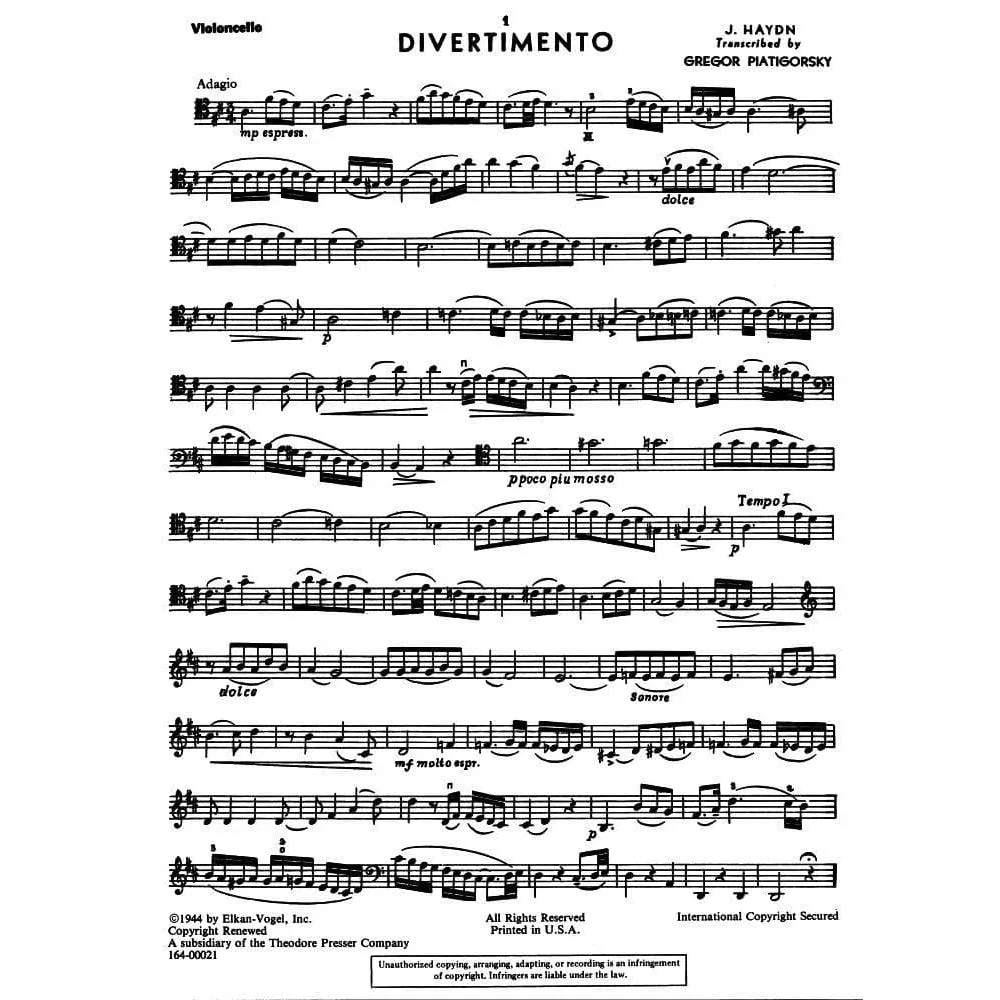 Haydn Divertimento D-Dur Noten für Cello und Klavier Piatigorsky