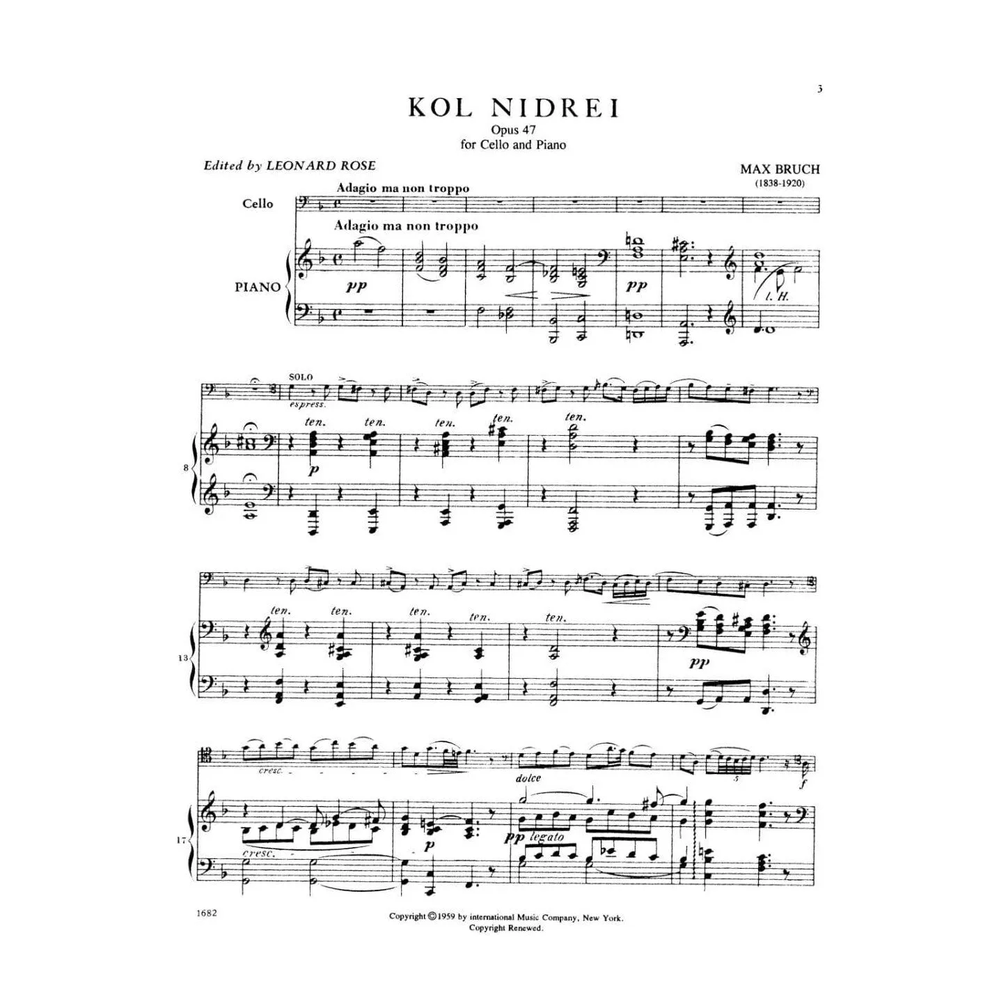Shar Music Bruch Kol Nidrei Op.47 Noten Cello Klavier