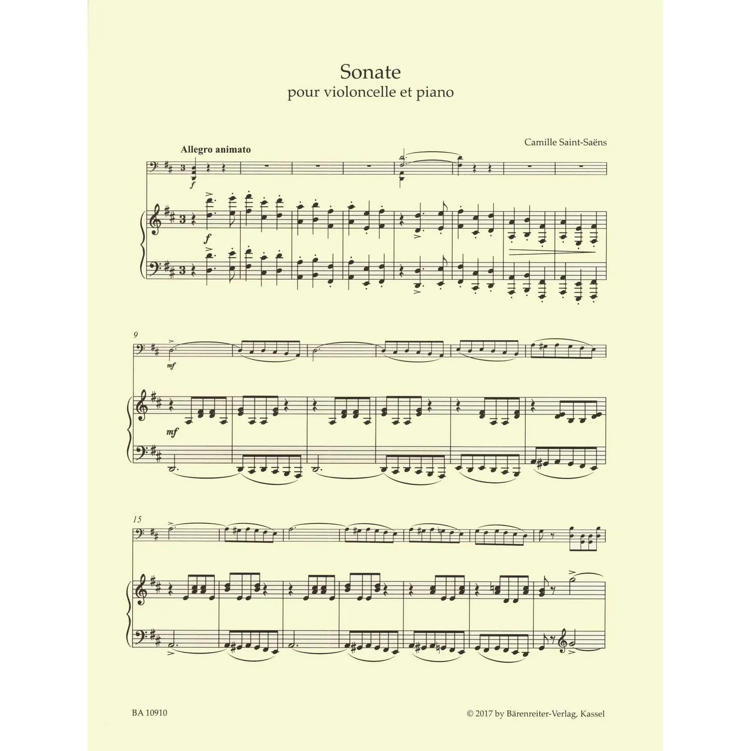 Bärenreiter Saint-Saëns Sonate D-Dur Noten Cello Klavier Urtext