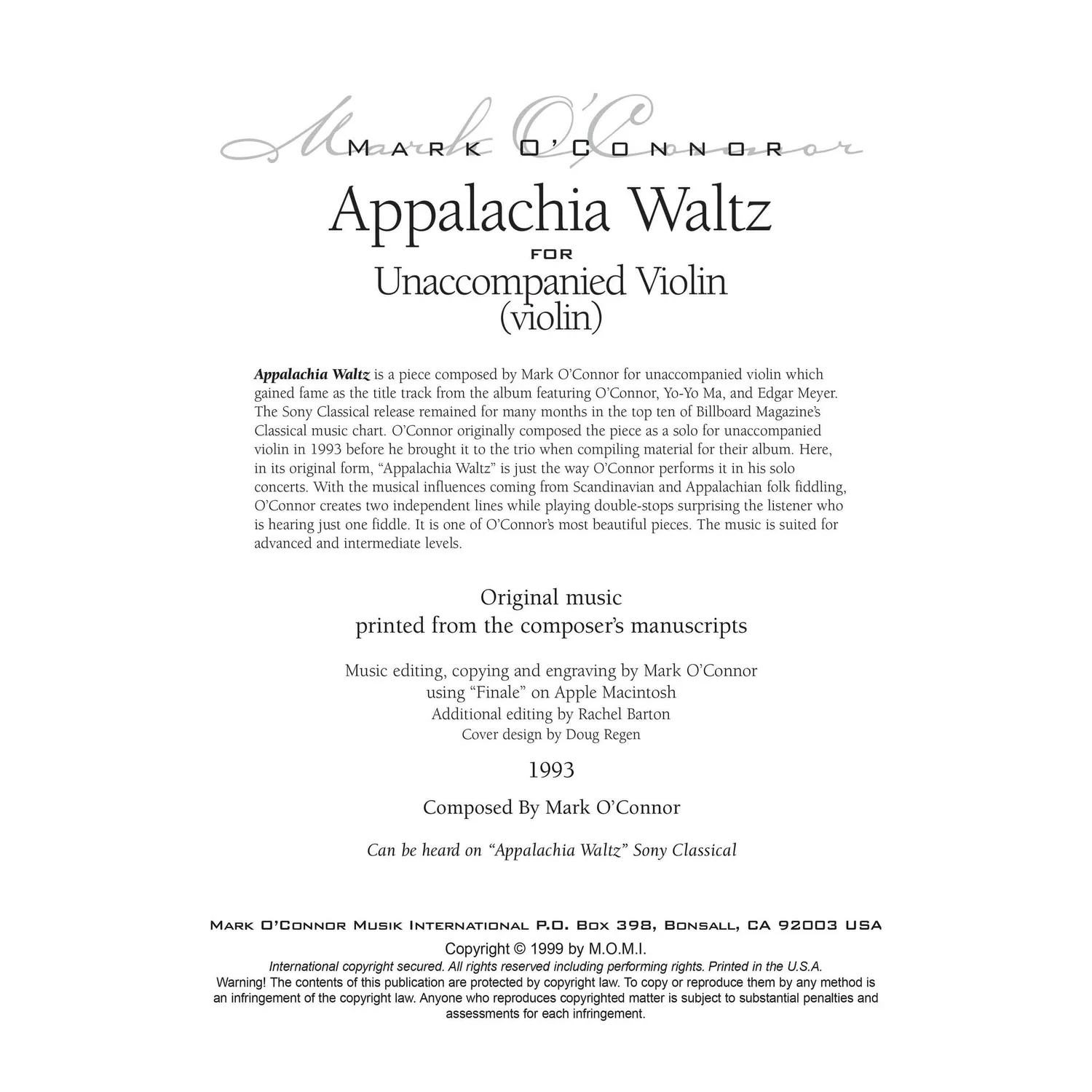 Mark O'Connor Appalachia Waltz Noten Violine solo Download