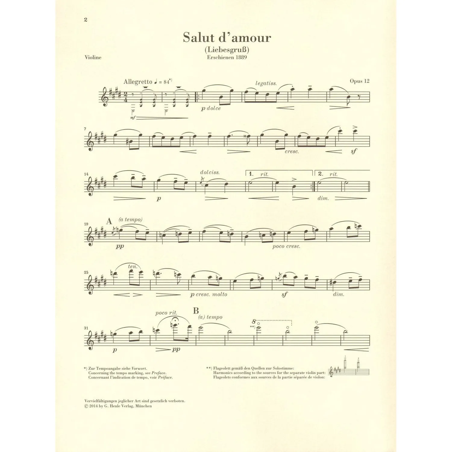 Henle Elgar Salut d'amour op. 12 Noten Violine Klavier Urtext